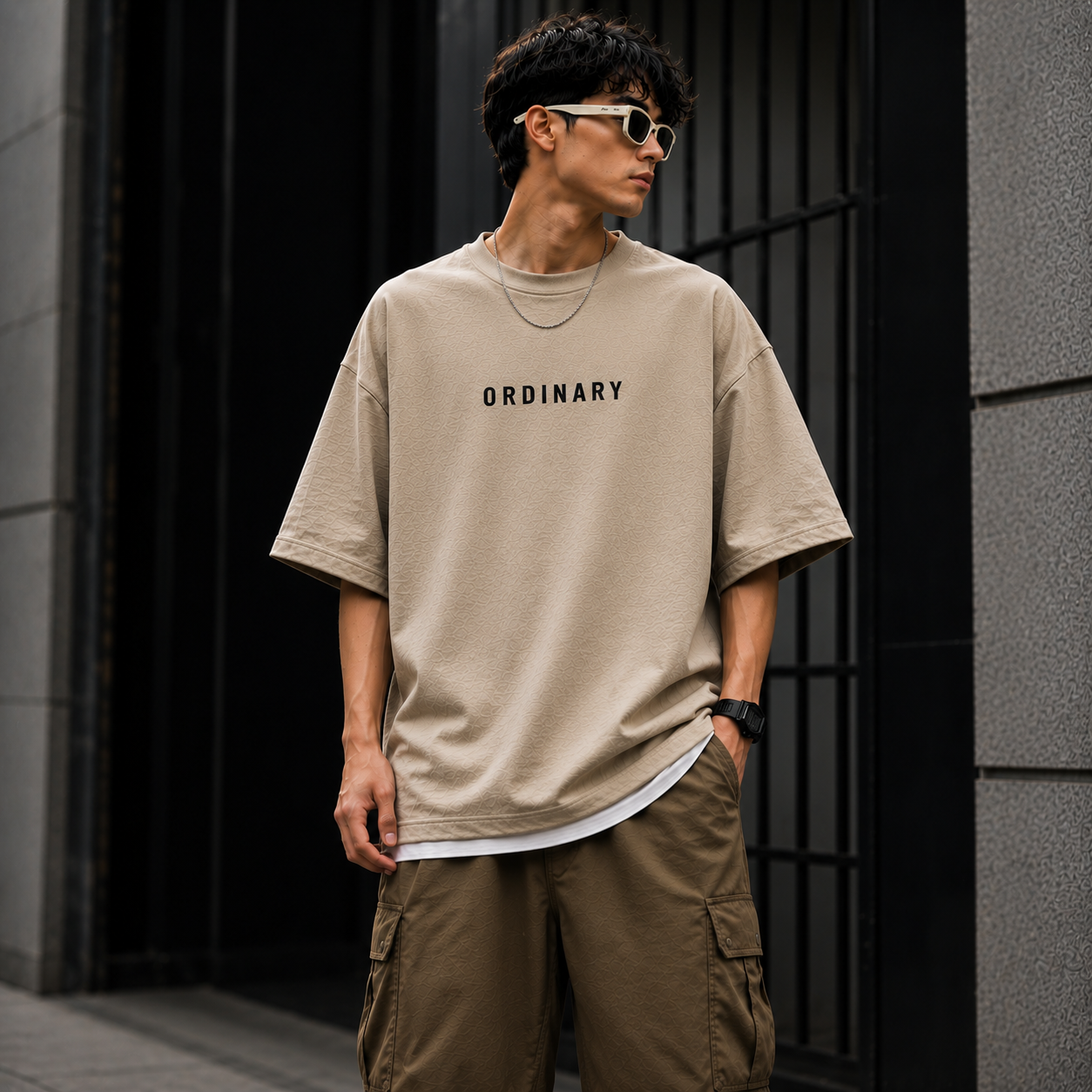 **ORDINARY Key Oversized 240 GSM French Terry Cotton T-Shirt | Premium Heavyweight Beige Streetwear Tee**
