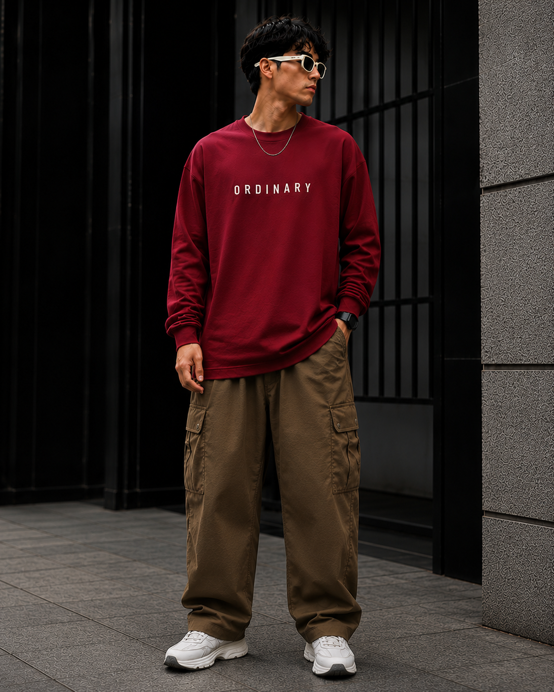 ORDINARY Men’s Oversized Maroon Sweatshirt | Premium Streetwear Full Sleeve Cotton Pullover