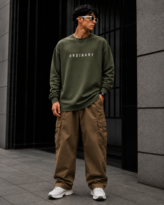 ORDINARY Men’s Oversized Olive Green Sweatshirt | Premium Streetwear Full Sleeve Pullover